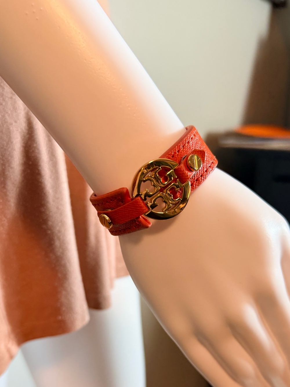 Tory Burch Orange Leather Gold Tone Logo Cuff Bracelet, with TB Jewelry Pouch